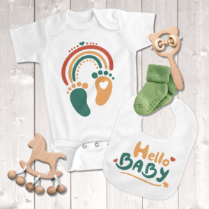 Boho Rainbow, Footprints, Hello Baby Unisex Onesie & Bib Set