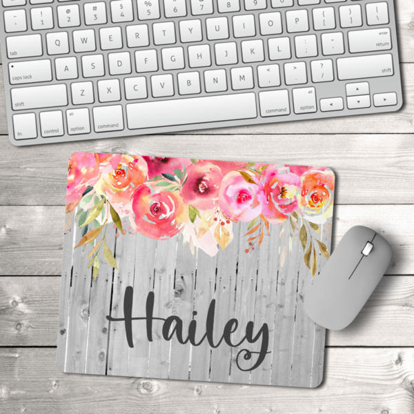 Pink Flowers with Farm Wood Background & Name Mouse Pad