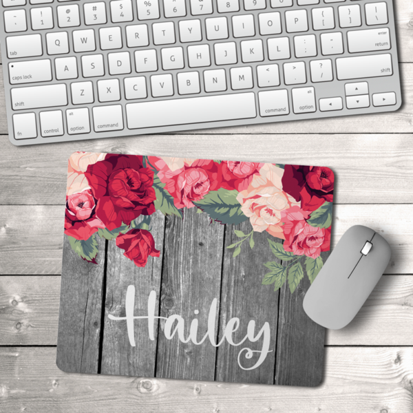 Red, Pink Roses with Farm Wood Background & Name Mouse Pad