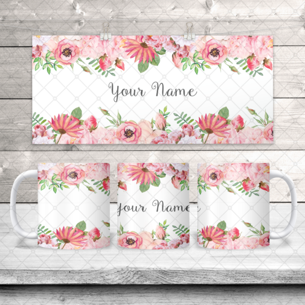 Pink Flowers Double Border & Name Coffee Mug
