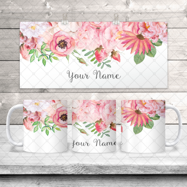Pink Flowers Top Border & Name Coffee Mug