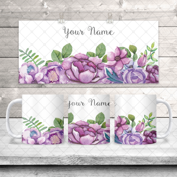 Purple Flowers Bottom Border & Name Coffee Mug