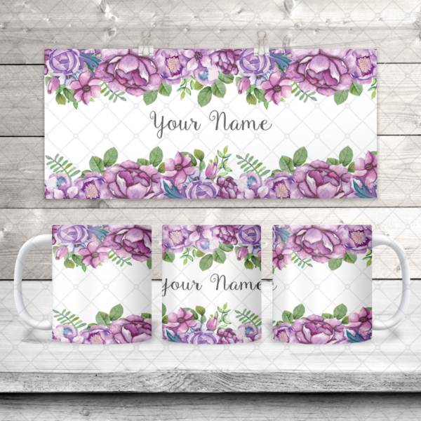 Purple Flowers Double Border & Name Coffee Mug