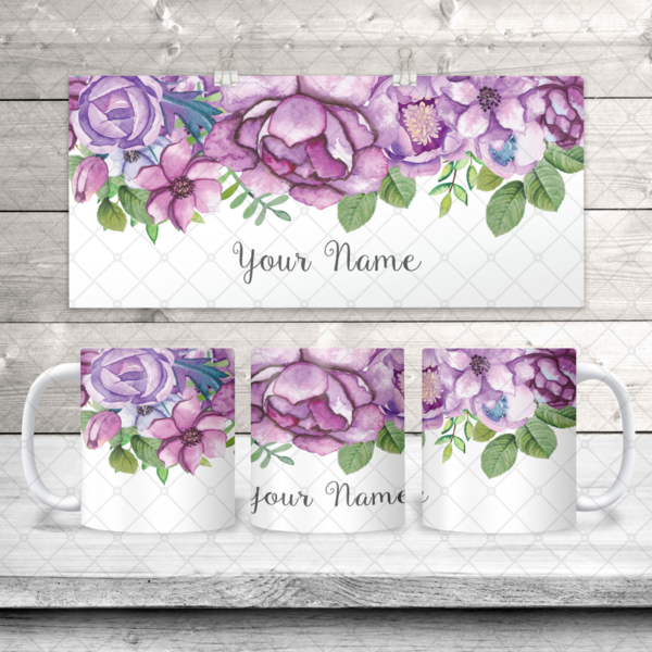 Purple Flowers Top Border & Name Coffee Mug